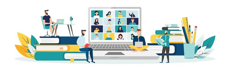 Home education concept. People study at home using a computer. Remote working. Video conference on laptop computer. Work from home and work from anywhere conceptVector illustration