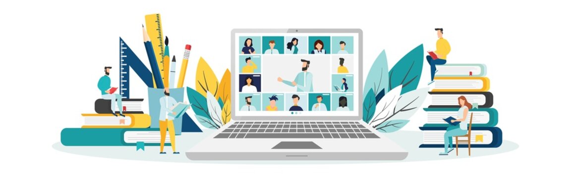 Home education concept. People study at home using a computer. Remote working. Video conference on laptop computer. Work from home and work from anywhere conceptVector illustration