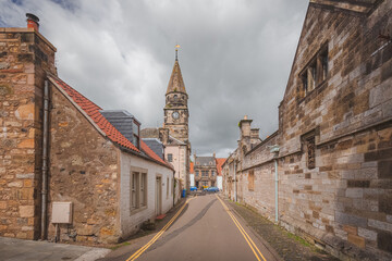 The quaint traditional village of Falkland, a popular filming location in Fife, Scotland on a sunny...