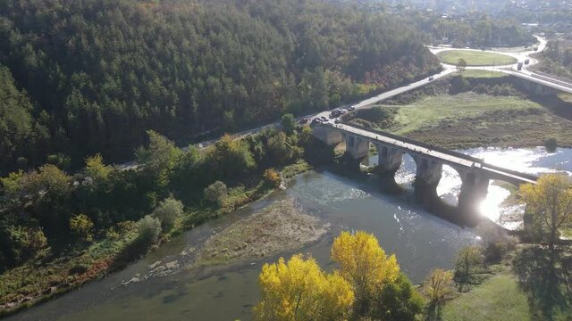 Aerial view of Nineteenth-century bridge over the Yantra River, known as the Kolyu Ficheto Bridge in Byala, Ruse region, Bulgaria