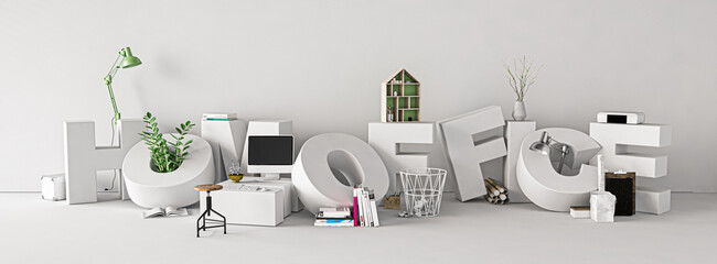 Homeoffice als Wort mit vielen Büro-Utensilien 