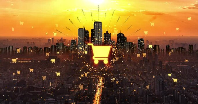 Shopping Symbol Slowly Shining Over The City. E-Commerce And Business Related Concept 3D CG Animation.