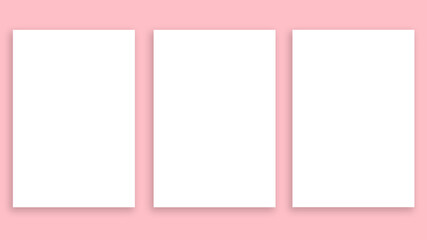 Three blank sheets of white A4 format. On a pink background.