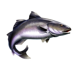 Black Cod, Sablefish jumping out of water illustration isolate realistic.