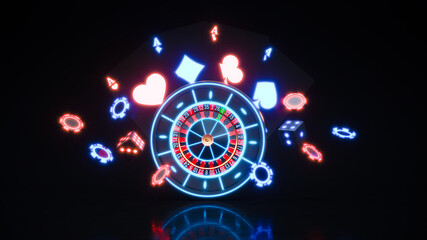 Casino neon background with roulette and poker chips falling 3d rendering