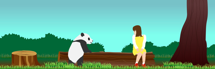 Bébé panda et petite fille dans la forêt, bûches, arbres, herbe, paysage, espace copie, illustrations vectorielles, en-tête web, pied de page, flyer, nature, ciel bleu,