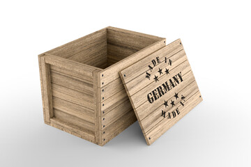 Large wooden crate with Made in Germany text on white background. 3D rendering