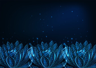 Beautiful glowing low polygonal waterlily, lotus flower boder on dark blue background