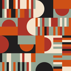 Modern vector abstract seamless geometric pattern with semicircles and circles in retro scandinavian style. Pastel colored simple shapes mosaic background. Bauhaus design inspired background.