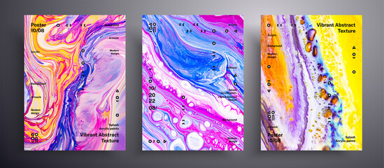 Abstract acrylic placard, fluid art vector texture set. Artistic background that applicable for design cover, invitation, flyer and etc. Yellow, blue and pink unusual creative surface template