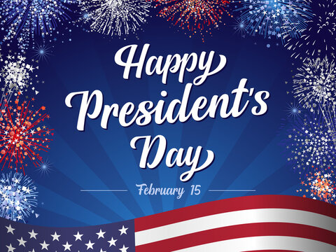 Happy President's Day February 15, lettering and fireworks with flag on beams background. Vector illustration with hand drawn text for Presidents day in USA. Design for greetings card or banner