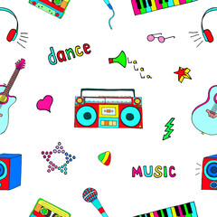 Bright seamless vector illustration on a musical theme. The drawing is drawn by hand.
