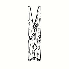 Hand drawn wooden clothespin. Ink black and white drawing. Vector illustration