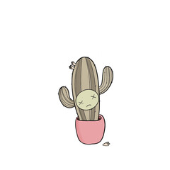 Cartoon cactus. Dead succulent or cactus plant in a pot with sad face illustration. Cute brown plant killed and dehydrated. funny children's art and sketch for kids. use for prints and shirt designs  