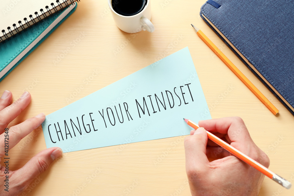 Poster concept image with change your mindset text. top view of office table