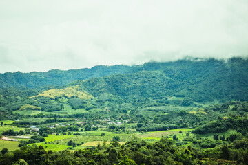 Fog is passing through the mountains of northern Thailand in the rainy season.