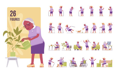 Old black woman set, elderly person with walking cane pose sequences. Senior citizen over 65 years, retired grandmother, old age pensioner. Full length, different views, gestures, emotions, positions