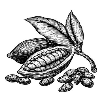 Cocoa leaves and fruits of cocoa beans. Hand drawn vector illustration on white background. Engraving drawing style.