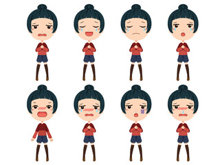 落ち込んだり泣いたり風邪を引いたりしている女の子の全身イラストセット