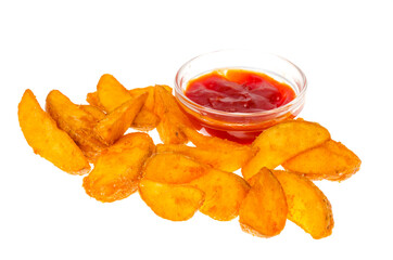Rustic potato wedges and ketchup on white background