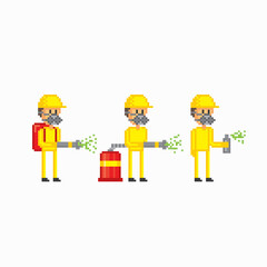 Pests control specialist set. Pixel art. Old school computer graphic. 8 bit video game. Game assets 8-bit sprite. 16-bit.