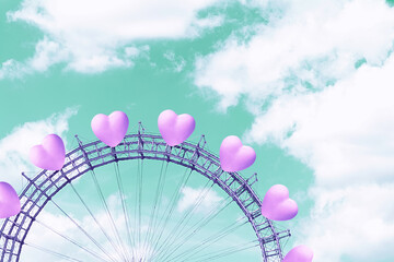 Ferris wheel with pink hearts on a turquoise sky background.