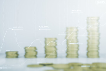 Double exposure of abstract virtual statistics data hologram on growing stacks of coins background, statistics and analytics concept