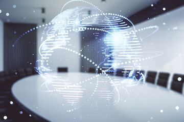 Abstract graphic digital world map hologram with connections on a modern coworking room background, globalization concept. Multiexposure