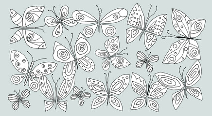 Cartoon butterflies. Set. Graphic drawn. Coloring book for kids. Outline. Summer background. 