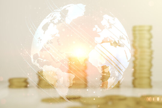Double exposure of abstract digital world map hologram on growing coins stacks background, big data and blockchain concept