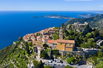 France, Aerial view of Eze on the french riviera, a typical village in the south of France - 412174985