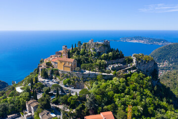 France, Aerial view of Eze on the french riviera, a typical village in the south of France