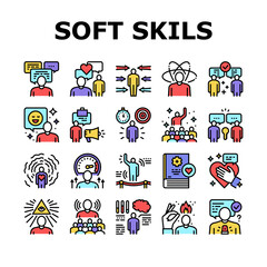 Fototapeta premium Soft Skills People Collection Icons Set Vector. Creativity And Decision Making, Understanding Body Language And Learning, Soft Skills Concept Linear Pictograms. Contour Color Illustrations