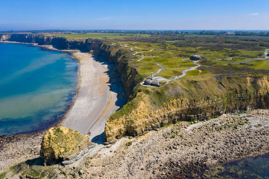 France, Calvados department, Aerial view of Pointe du Hoc on the coast of Normandy. famous World War II site