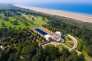 France, Calvados department, Colleville sur Mer, Aerial view of American War Cemetery at Omaha Beach, Normandy - 412175903