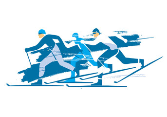 Cross Country Skiers, race.
A expressive stylized drawing of three cross-country ski competitors. Vector available