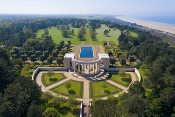 France, Calvados department, Colleville sur Mer, Aerial view of American War Cemetery at Omaha Beach, Normandy - 412175922