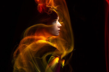 lightpainting portrait, new art direction, long exposure photo without photoshop, light drawing at long exposure