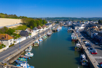  Port en Bessin,France, Calvados department, Port en Bessin, Aerial view of the city of Port-en-Bessin and its Harbor - 412176177
