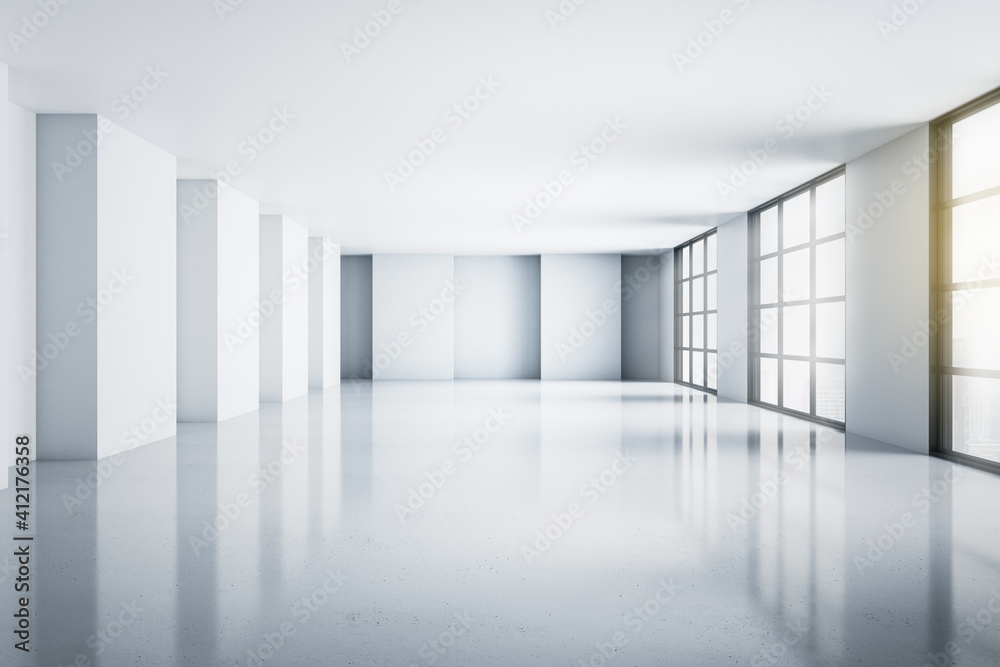 Aufkleber modern sunny spacious empty hall room with minimalistic light grey interior, big windows and glossy 