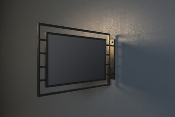 Blank black street hanging signboard for logo presentation with iron frame on a wall. Mockup. 3D...