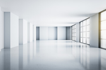 Modern sunny spacious empty hall room with minimalistic light grey interior, big windows and glossy floor. 3D rendering