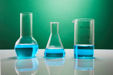 Laboratory glassware with blue liquid on table against green background. Chemical analysis. Test-tubes for experiments.