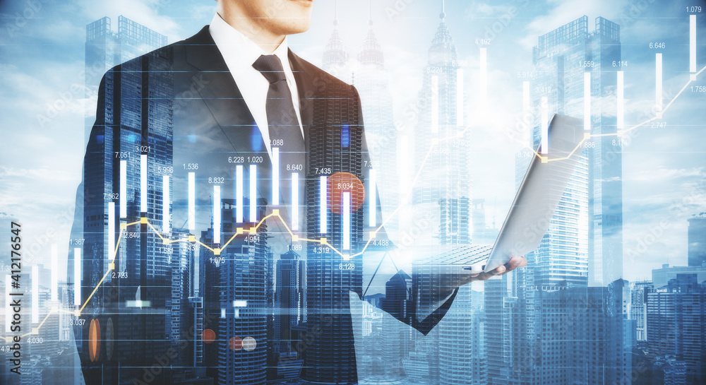 Poster business analytics concept with businessman following the process by laptop at city background and d