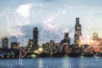 Double exposure of abstract digital world map on blurry cityscape background, research and strategy concept