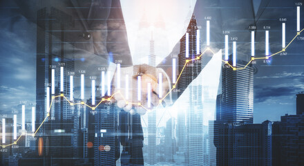 Business agreement concept with handshaking of businessmen at city background and digital screen with stock market graphs. Double exposure.