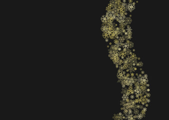 Gold snowflakes frame on black background. New year theme. Horizontal shiny Christmas frame for holiday banner, card, sale, special offer. Falling snow with gold snowflake and glitter for party invite
