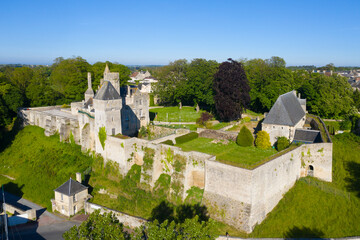 France, Calvados department, Creully, Aerial view of Creully castle in Normandy - obrazy, fototapety, plakaty