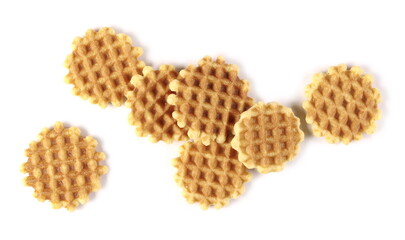 Butter waffles, Belgian breakfast pastry dessert pile isolated on white background, top view