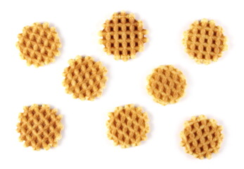 Butter waffles set, Belgian breakfast pastry dessert pile isolated on white background, top view